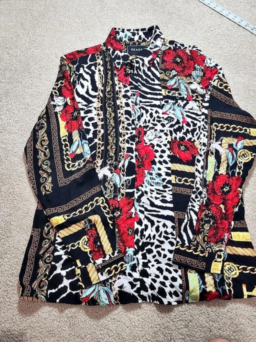 REASON Printed Button Down Shirt in Black & Red Animal Print Viscose XL Like New